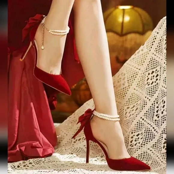 Velvet Red Shoes For Women, New Qipao/Cheongsam Dual-Wear Bow Pearl High Heel