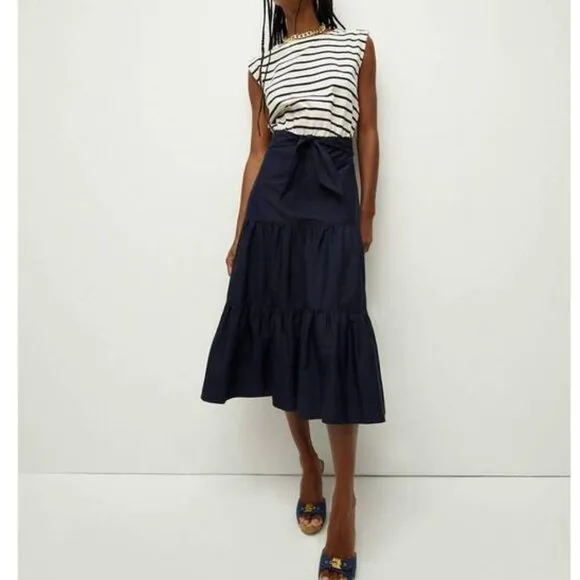 Veronica Beard Jean Pazila Tiered Midi Dress In Navy Blue And White Size L  NWT