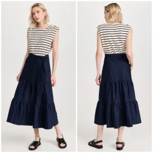 Veronica Beard Jean Pazila Tiered Midi Dress In Navy Blue And White Size L  NWT