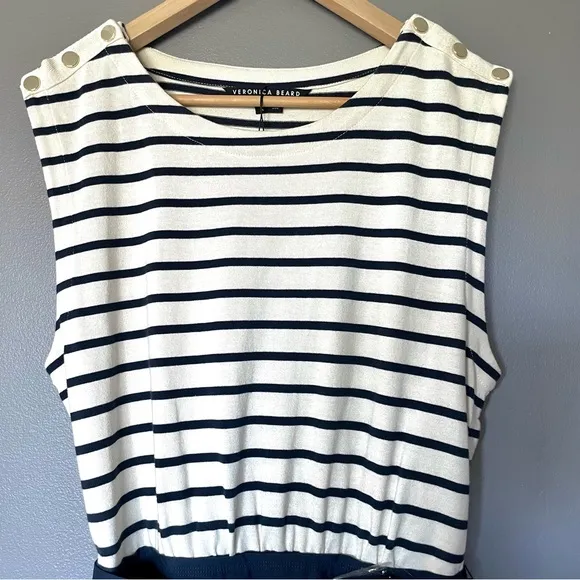 Veronica Beard Jean Pazila Tiered Midi Dress In Navy Blue And White Size L  NWT