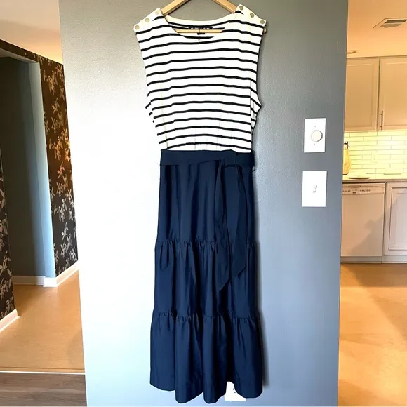 Veronica Beard Jean Pazila Tiered Midi Dress In Navy Blue And White Size L  NWT