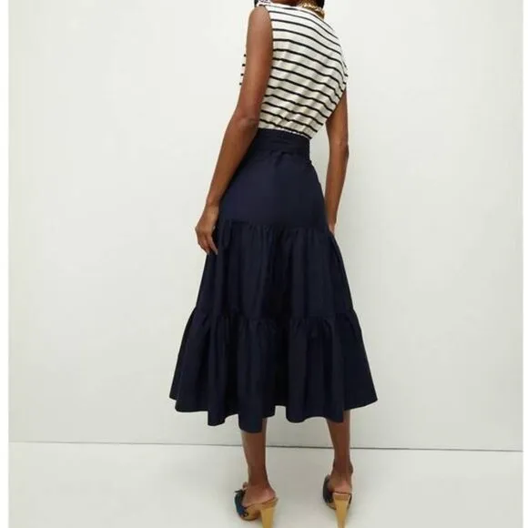 Veronica Beard Jean Pazila Tiered Midi Dress In Navy Blue And White Size L  NWT