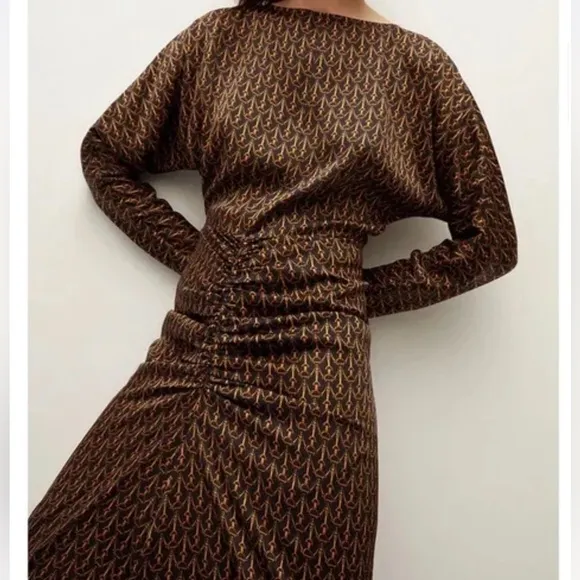 Veronica Beard Midi Ruched Long-Sleeve Sabri Printed Dress Sz 2