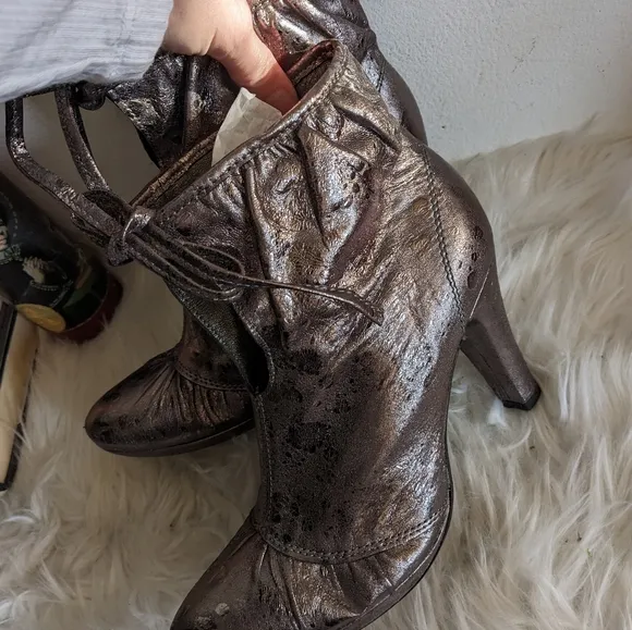 Vic Matie Pewter Metallic Leather Tie Bootie