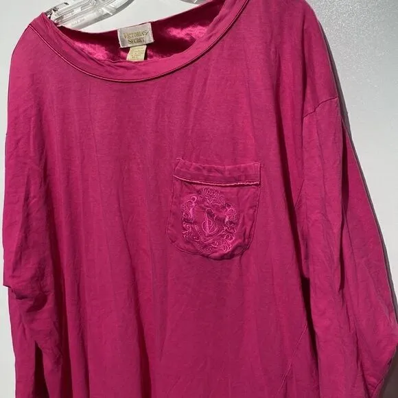 Victoria's Secret Women's Pink Embroidered Pocket 3/4 Sleeve Night Shirt Sz M/L
