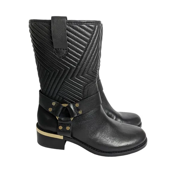 Vince Camuto 6 black leather Waldan boots motorcycle boots gold strap buckle