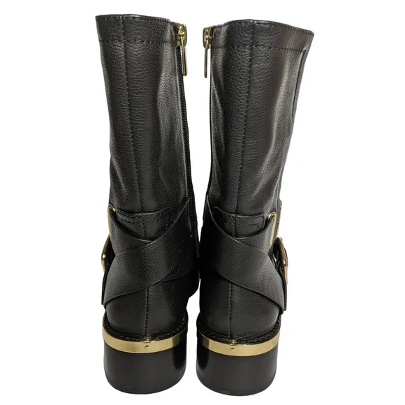 Vince Camuto 6 black leather Wethima boots motorcycle boots gold strap buckle
