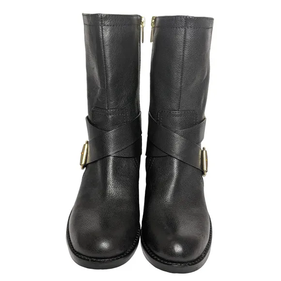 Vince Camuto 6 black leather Wethima boots motorcycle boots gold strap buckle