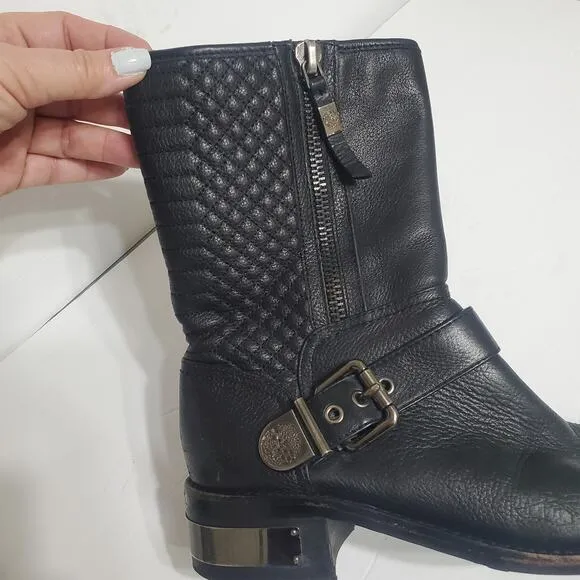 Vince Camuto &quot;Whynn&quot; Black Motorcycle Boots Silver Hardware Sz 8 Combat Leather