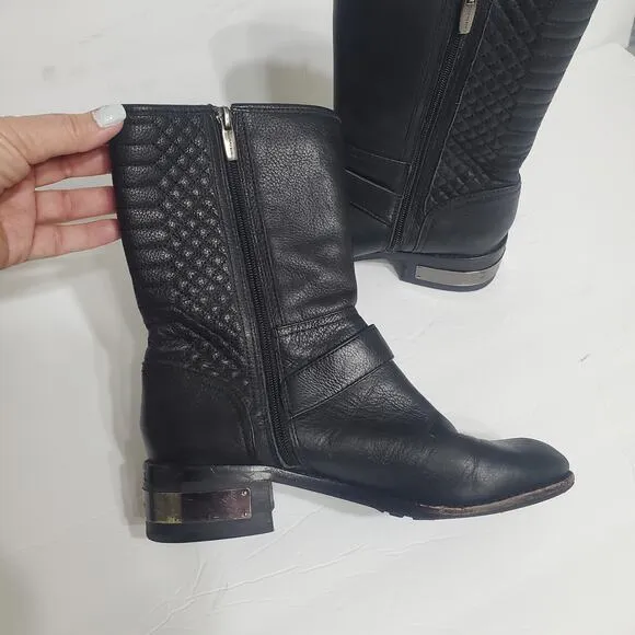 Vince Camuto &quot;Whynn&quot; Black Motorcycle Boots Silver Hardware Sz 8 Combat Leather
