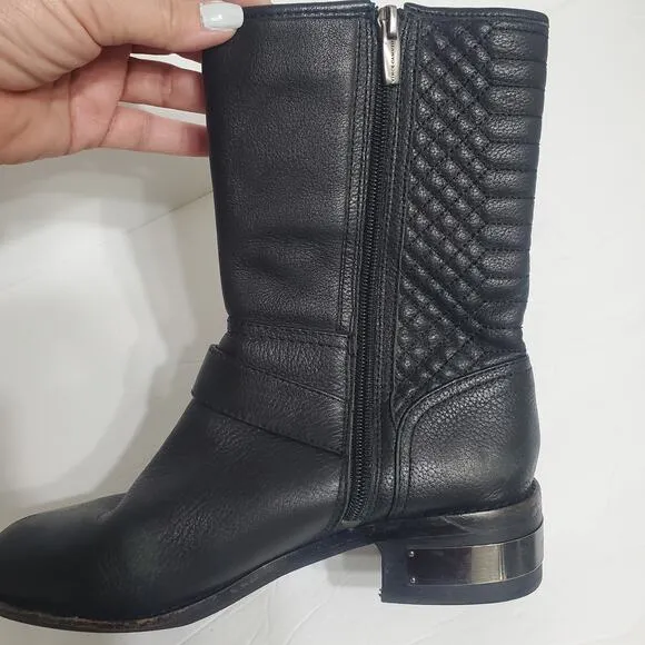 Vince Camuto &quot;Whynn&quot; Black Motorcycle Boots Silver Hardware Sz 8 Combat Leather