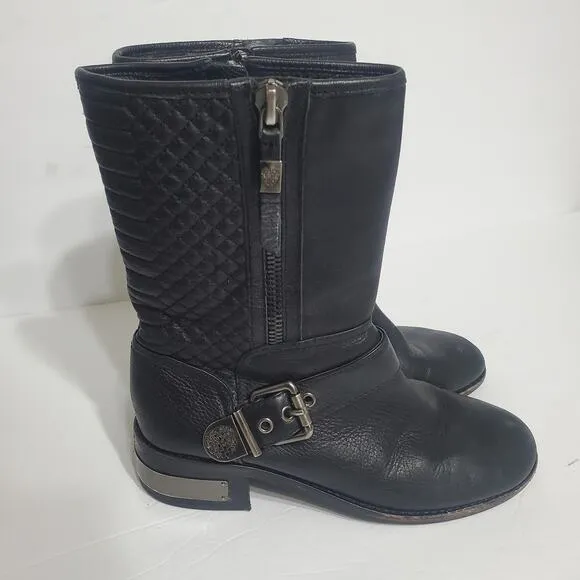 Vince Camuto &quot;Whynn&quot; Black Motorcycle Boots Silver Hardware Sz 8 Combat Leather