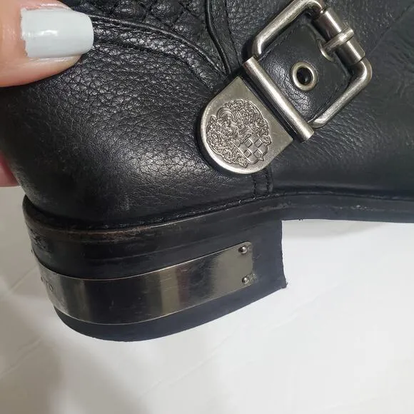 Vince Camuto &quot;Whynn&quot; Black Motorcycle Boots Silver Hardware Sz 8 Combat Leather