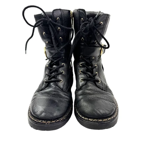 Vince Camuto Black Leather Combat Motorcycle Boots with Buckle - Womens Size 6.5