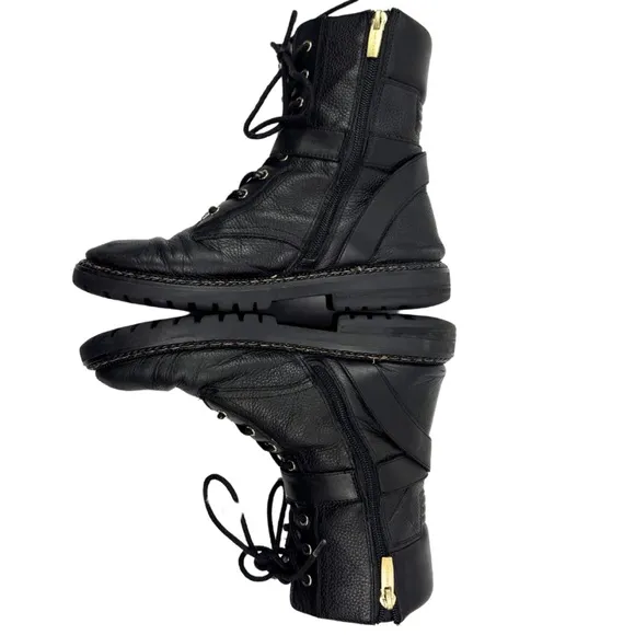 Vince Camuto Black Leather Combat Motorcycle Boots with Buckle - Womens Size 6.5