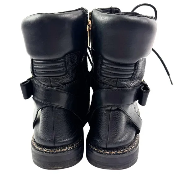Vince Camuto Black Leather Combat Motorcycle Boots with Buckle - Womens Size 6.5