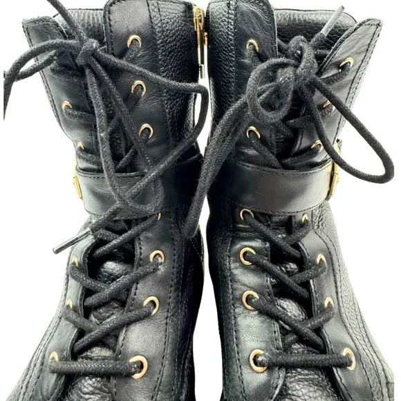 Vince Camuto Black Leather Combat Motorcycle Boots with Buckle - Womens Size 6.5
