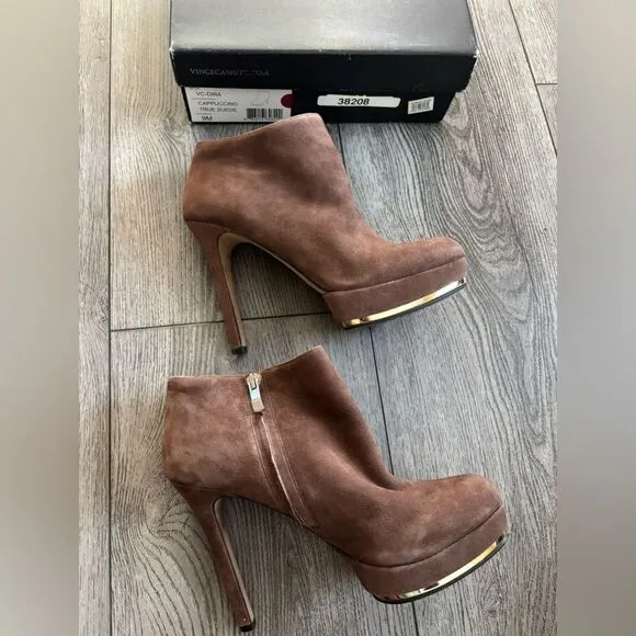 Vince camuto cappuccino true suede ankle heel boots