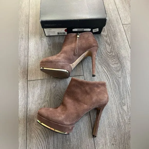 Vince camuto cappuccino true suede ankle heel boots