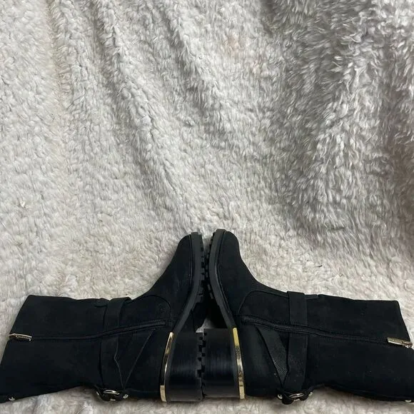 VINCE CAMUTO KERIVINI LEATHER SUEDE BLACK MOTO BOOTS  SIZE 9M GOLD TONE ACCENTS