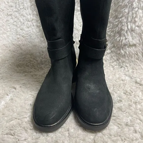 VINCE CAMUTO KERIVINI LEATHER SUEDE BLACK MOTO BOOTS  SIZE 9M GOLD TONE ACCENTS