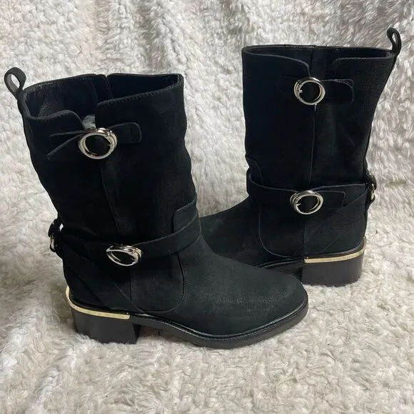 VINCE CAMUTO KERIVINI LEATHER SUEDE BLACK MOTO BOOTS  SIZE 9M GOLD TONE ACCENTS