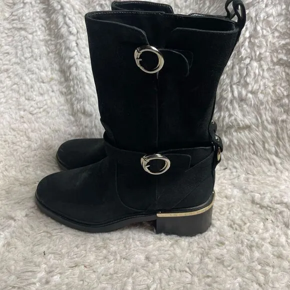 VINCE CAMUTO KERIVINI LEATHER SUEDE BLACK MOTO BOOTS  SIZE 9M GOLD TONE ACCENTS