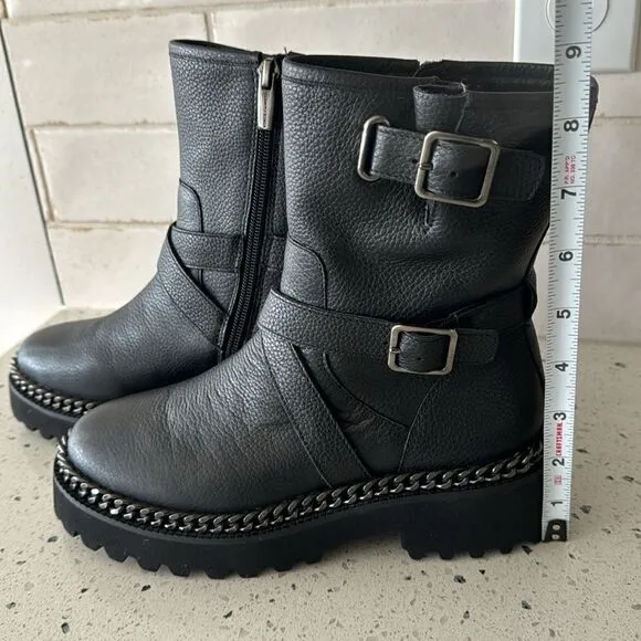 Vince Camuto Messtia Black Leather Moto Combat Boots Lug Sole Women’s Size 5.5