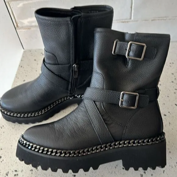 Vince Camuto Messtia Black Leather Moto Combat Boots Lug Sole Women’s Size 5.5