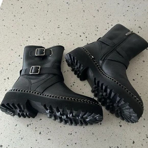 Vince Camuto Messtia Black Leather Moto Combat Boots Lug Sole Women’s Size 5.5