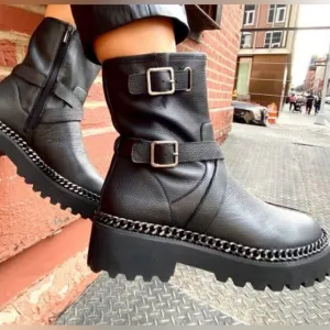 Vince Camuto Messtia Black Leather Moto Combat Boots Lug Sole Women’s Size 5.5