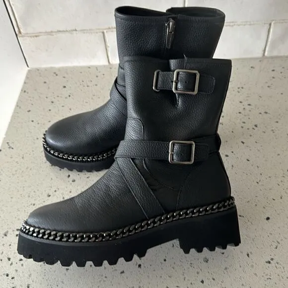 Vince Camuto Messtia Black Leather Moto Combat Boots Lug Sole Women’s Size 5.5