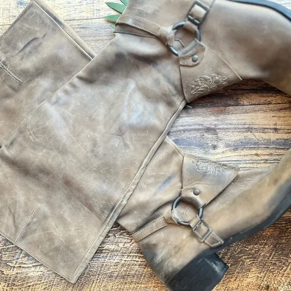 VINCE CAMUTO SHAYLEE LEATHER BROWN DISTRESSED MOTO MOTORCYCLE TALL RIDING BOOTS