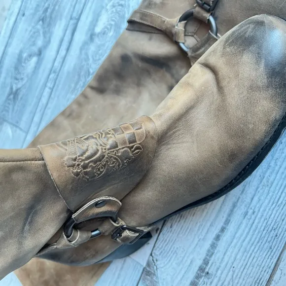 VINCE CAMUTO SHAYLEE LEATHER BROWN DISTRESSED MOTO MOTORCYCLE TALL RIDING BOOTS
