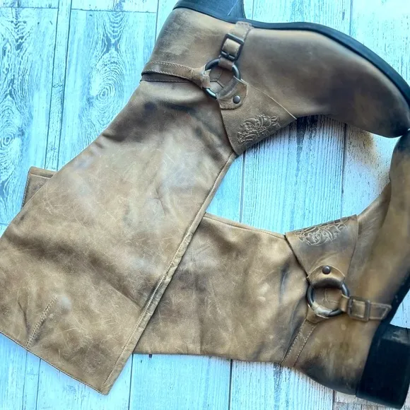 VINCE CAMUTO SHAYLEE LEATHER BROWN DISTRESSED MOTO MOTORCYCLE TALL RIDING BOOTS