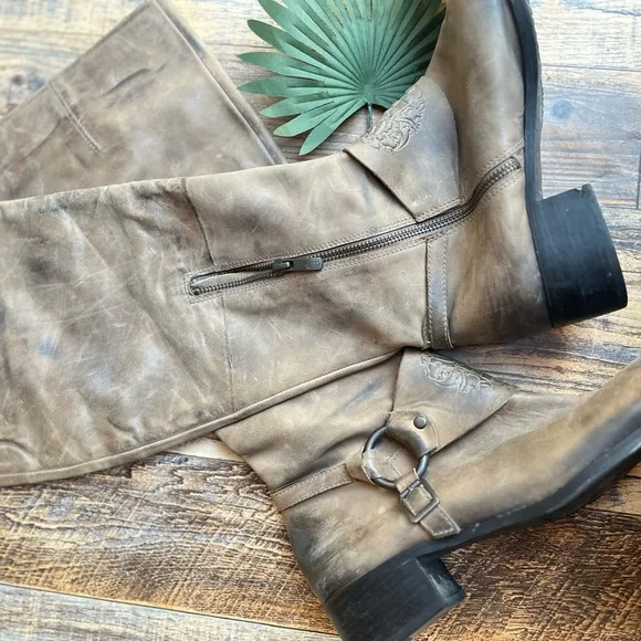 VINCE CAMUTO SHAYLEE LEATHER BROWN DISTRESSED MOTO MOTORCYCLE TALL RIDING BOOTS