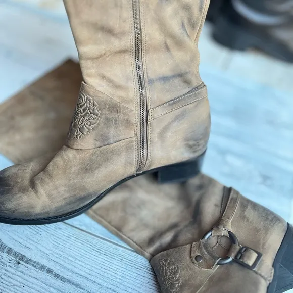 VINCE CAMUTO SHAYLEE LEATHER BROWN DISTRESSED MOTO MOTORCYCLE TALL RIDING BOOTS