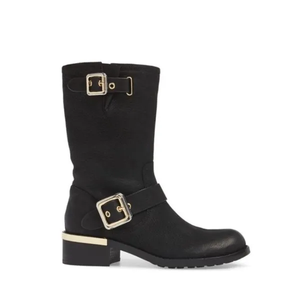 VINCE CAMUTO VC WINDY BLACK MAJICO LEATHER MOTORCYCLE  BOOTS 6.5 NEW IN BOX