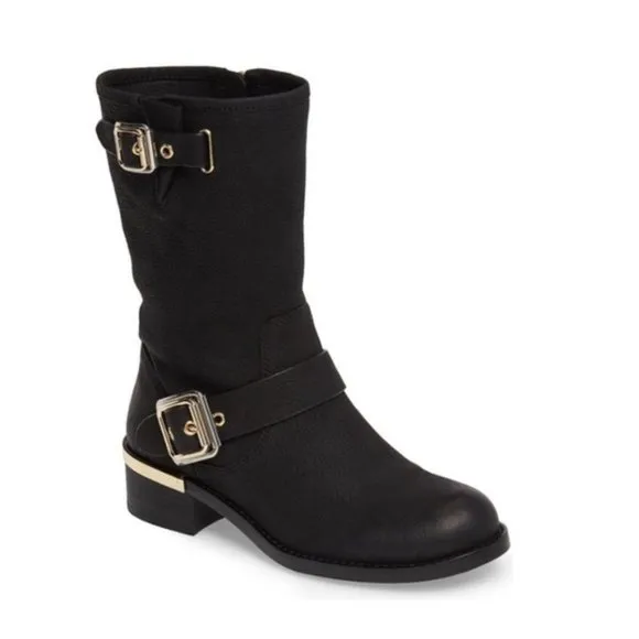 VINCE CAMUTO VC WINDY BLACK MAJICO LEATHER MOTORCYCLE  BOOTS 6.5 NEW IN BOX