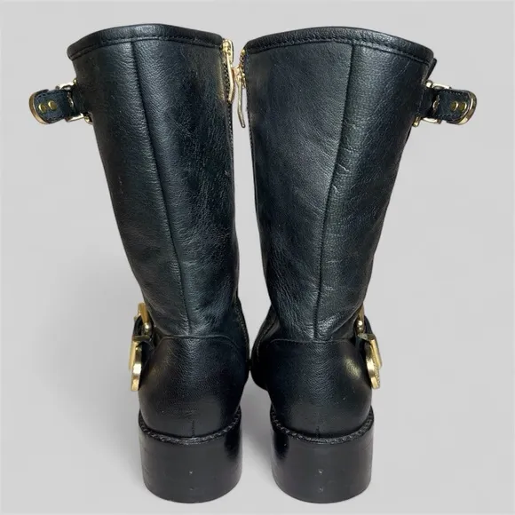 Vince Camuto Winchell Black Leather Moto Boots with Gold Hardware