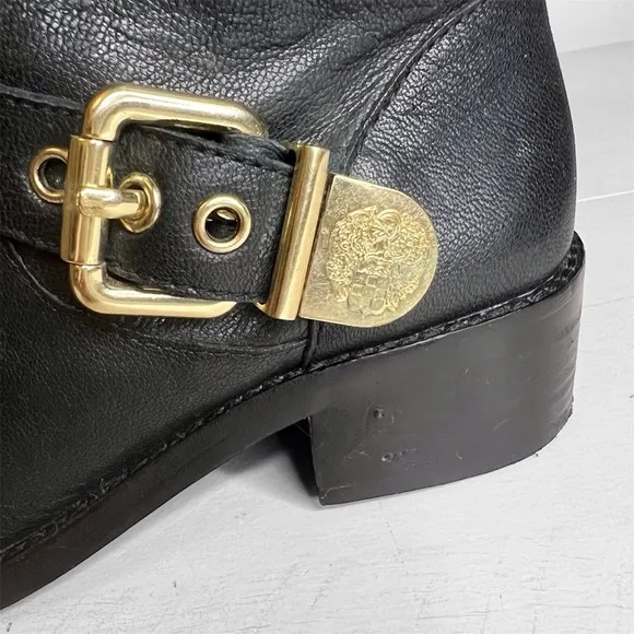 Vince Camuto Winchell Black Leather Moto Boots with Gold Hardware
