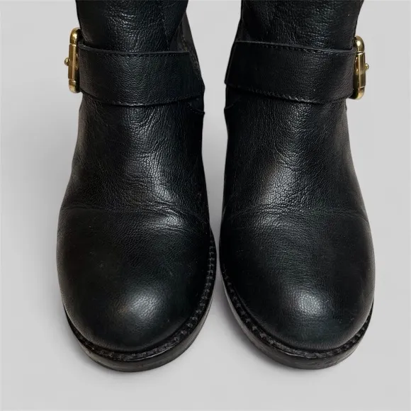 Vince Camuto Winchell Black Leather Moto Boots with Gold Hardware