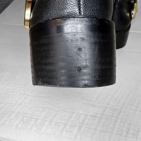 Vince Camuto Winchell Black Leather Moto Boots with Gold Hardware