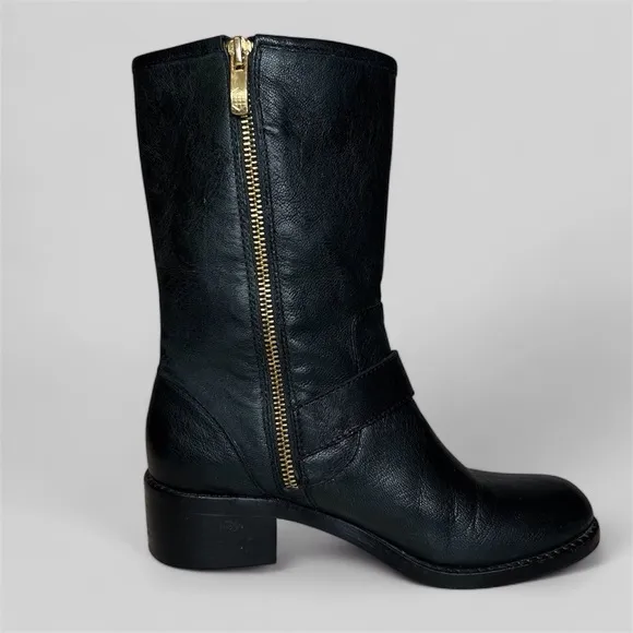 Vince Camuto Winchell Black Leather Moto Boots with Gold Hardware