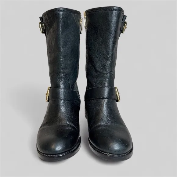 Vince Camuto Winchell Black Leather Moto Boots with Gold Hardware