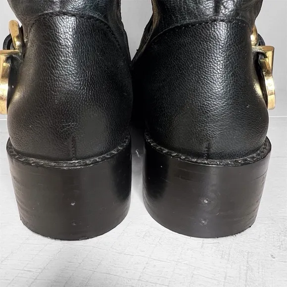 Vince Camuto Winchell Black Leather Moto Boots with Gold Hardware