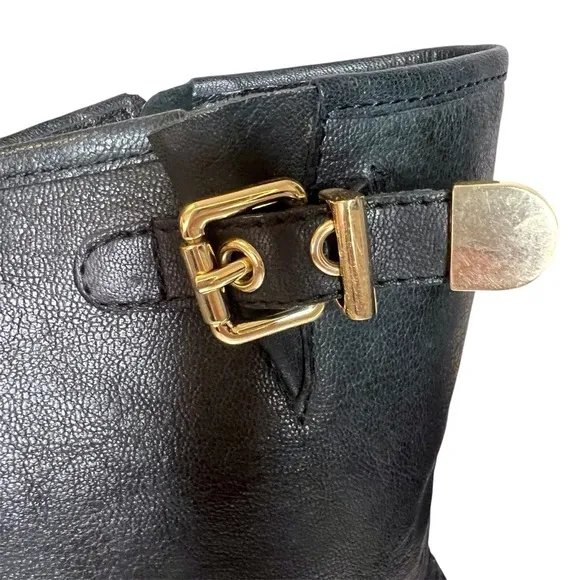Vince Camuto Winchell Black Leather Moto Boots with Gold Hardware