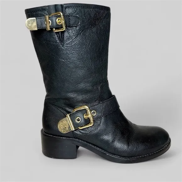 Vince Camuto Winchell Black Leather Moto Boots with Gold Hardware