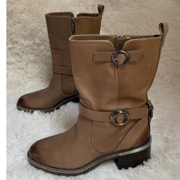Vince Camuto Women's Kerivini Moto Boot Motorcycle Tan Leather Size 8.5 New