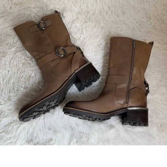 Vince Camuto Women's Kerivini Moto Boot Motorcycle Tan Leather Size 8.5 New